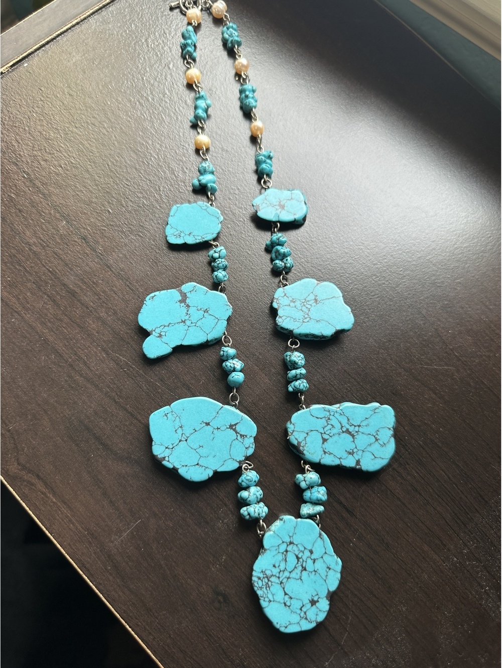 Turquoise Dyed Howlite Freshwater Pearl Statement Necklace Boho Western 22” - Picture 6 of 7